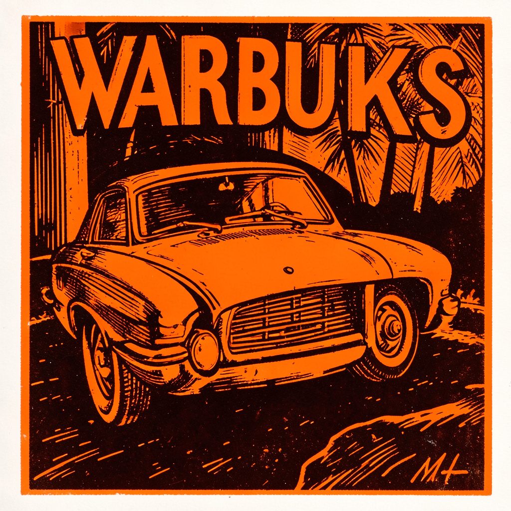 Carved linocut relief print of a jazz club interior with amber stage light against deep charcoal seating