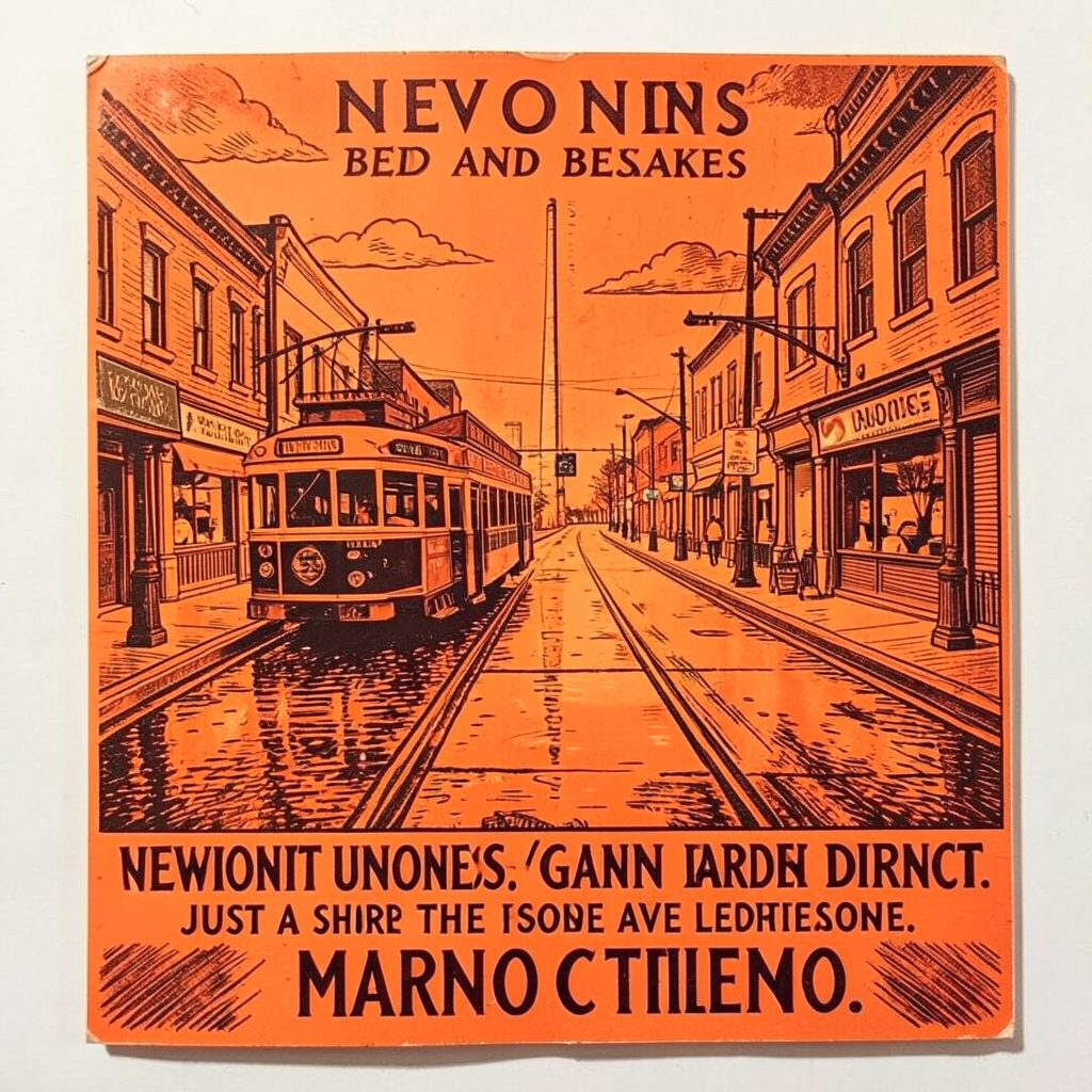 Carved linocut relief print of a leafy Uptown streetcar route with amber lanterns against charcoal storefronts