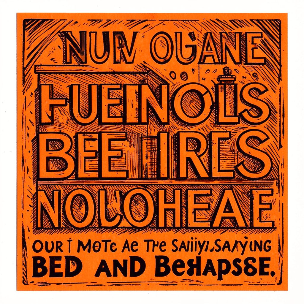 Carved linocut relief print of a softly lit guest review scene, warm amber highlights on cream paper with charcoal borders