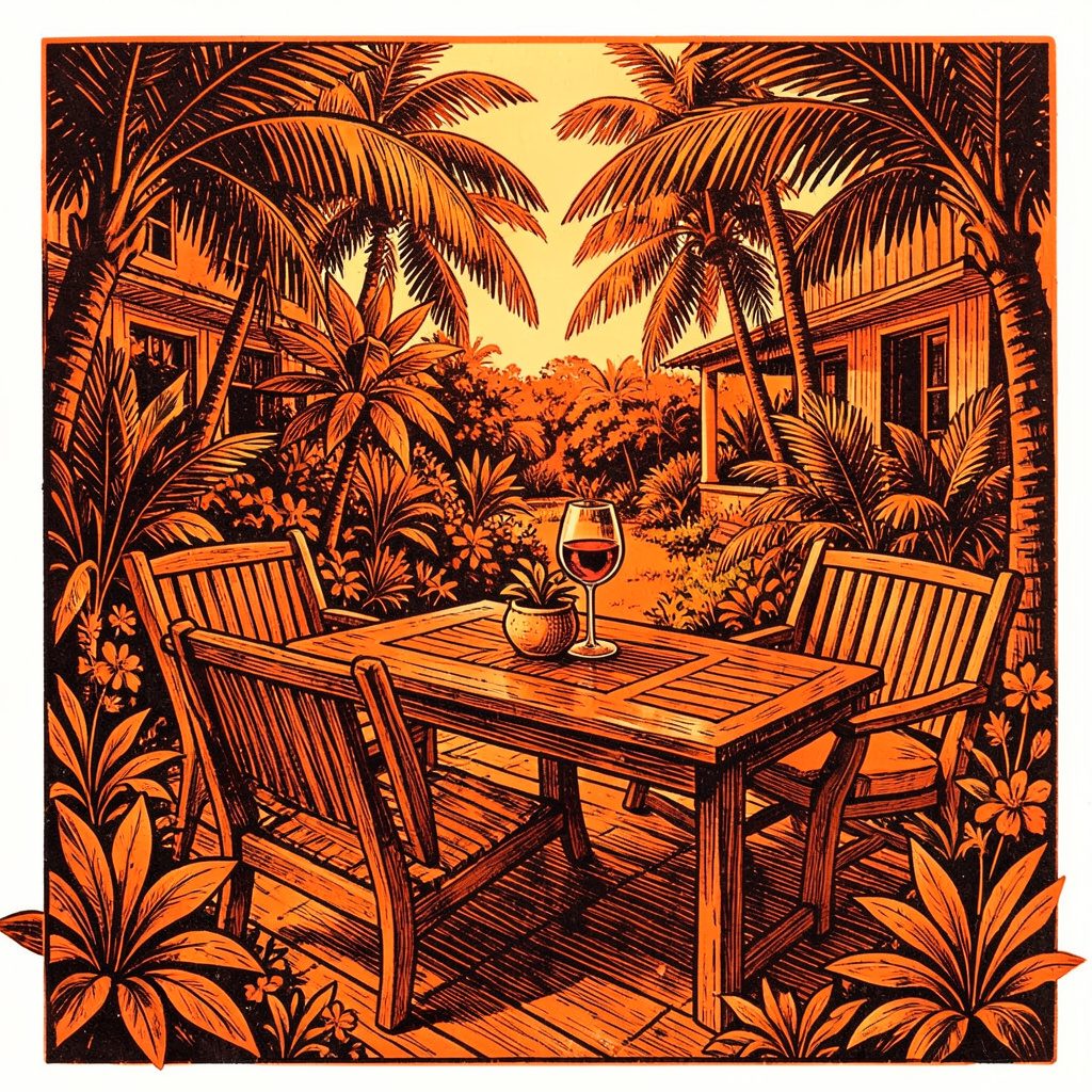 Carved linocut relief print of a quiet parlor with tall windows, warm amber light on cream walls and dark charcoal trim