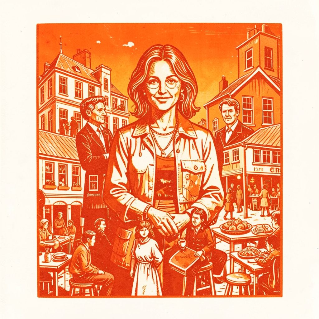 Carved linocut relief print of a warm-lit inn porch with amber and charcoal tones, suggesting the warmth of a historic bed and breakfast in the New Orleans evening