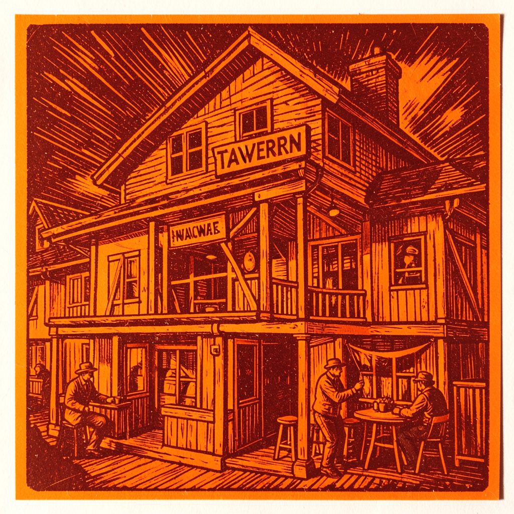Carved linocut relief print of a tavern doorway with warm amber signage on a charcoal storefront