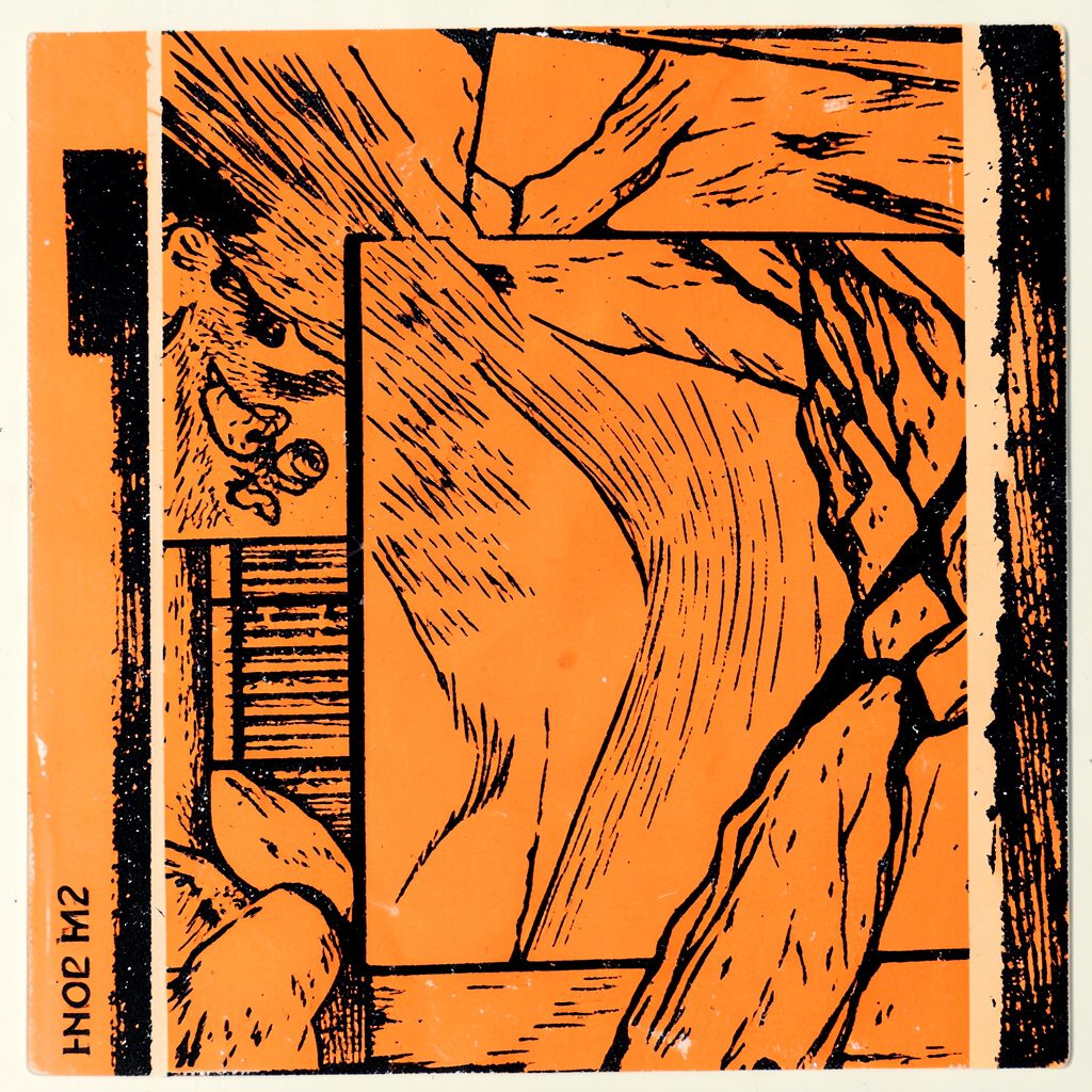 Carved linocut relief print of a restored guest bedroom with amber lamplight, draped linens, and dark wooden furnishings