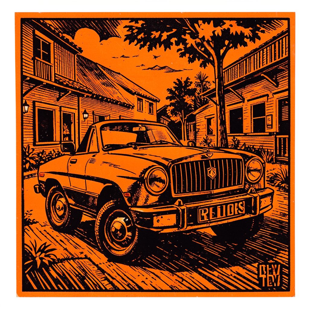 Carved linocut relief print of an amber-toned New Orleans brew tour scene with dark architectural silhouettes